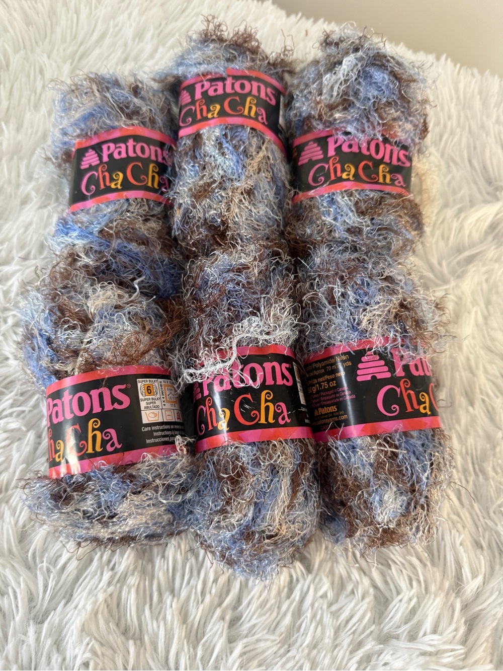 Patons Cha Cha Textured Yarn - Brown, Blue & Cream 6 balls in original packaging